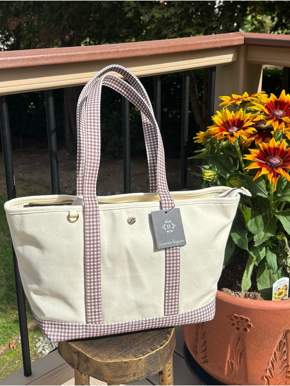 Nanette Lepore cream canvas tote with brown gingham trim and straps